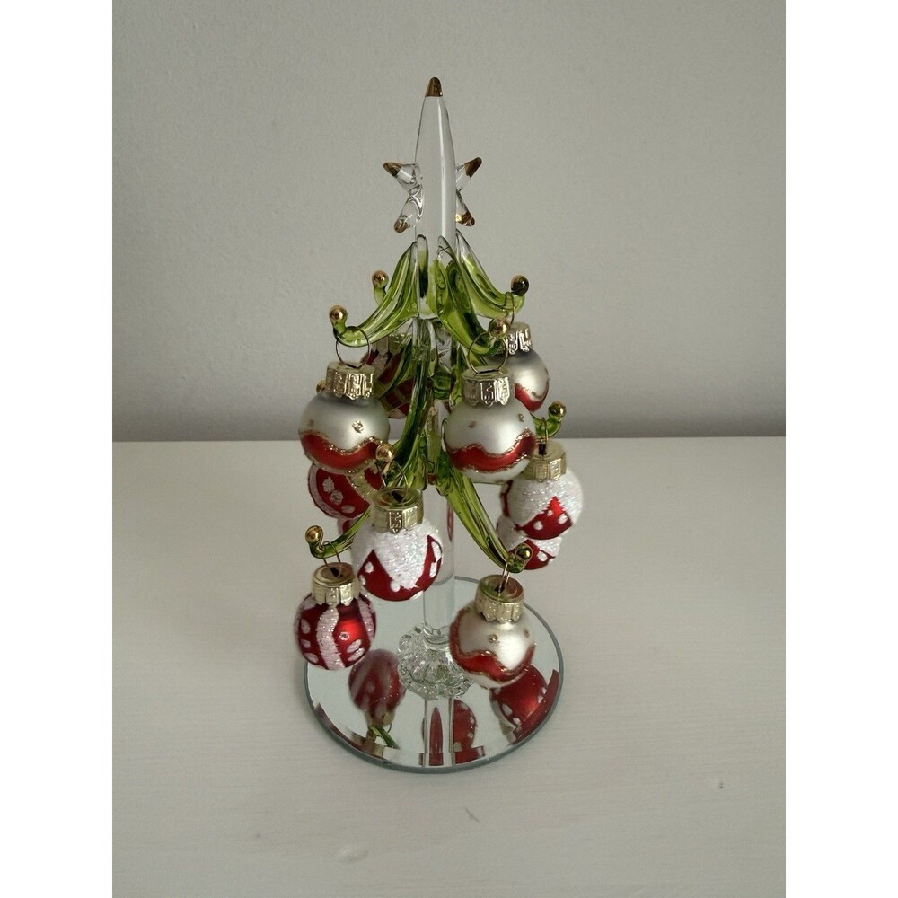 ✿ Glass Tabletop Christmas Tree w Mini Glass Ornaments Red White Gold Decor